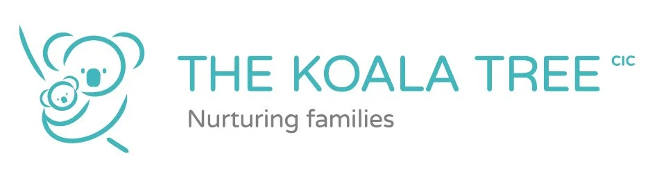 Logo for The Koala Tree CIC with a stylized outline of a koala and a baby koala, and the text "The Koala Tree CIC" and "Nurturing families".