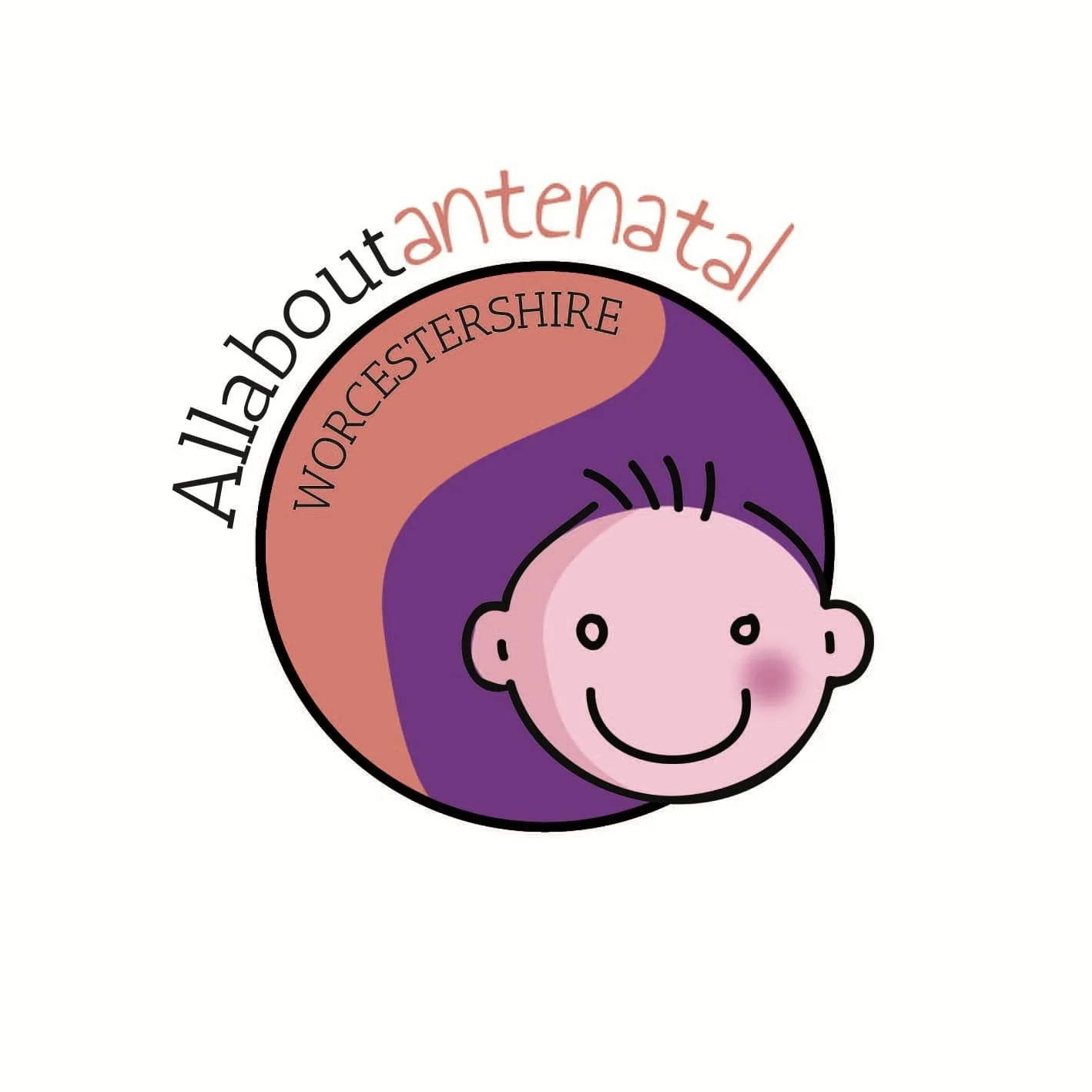 Logo for All About Antenatal,, featuring a smiling child's face with a pink face and purple hair, encircled by the text "All About Antenatal" and "WORCESTERSHIRE".