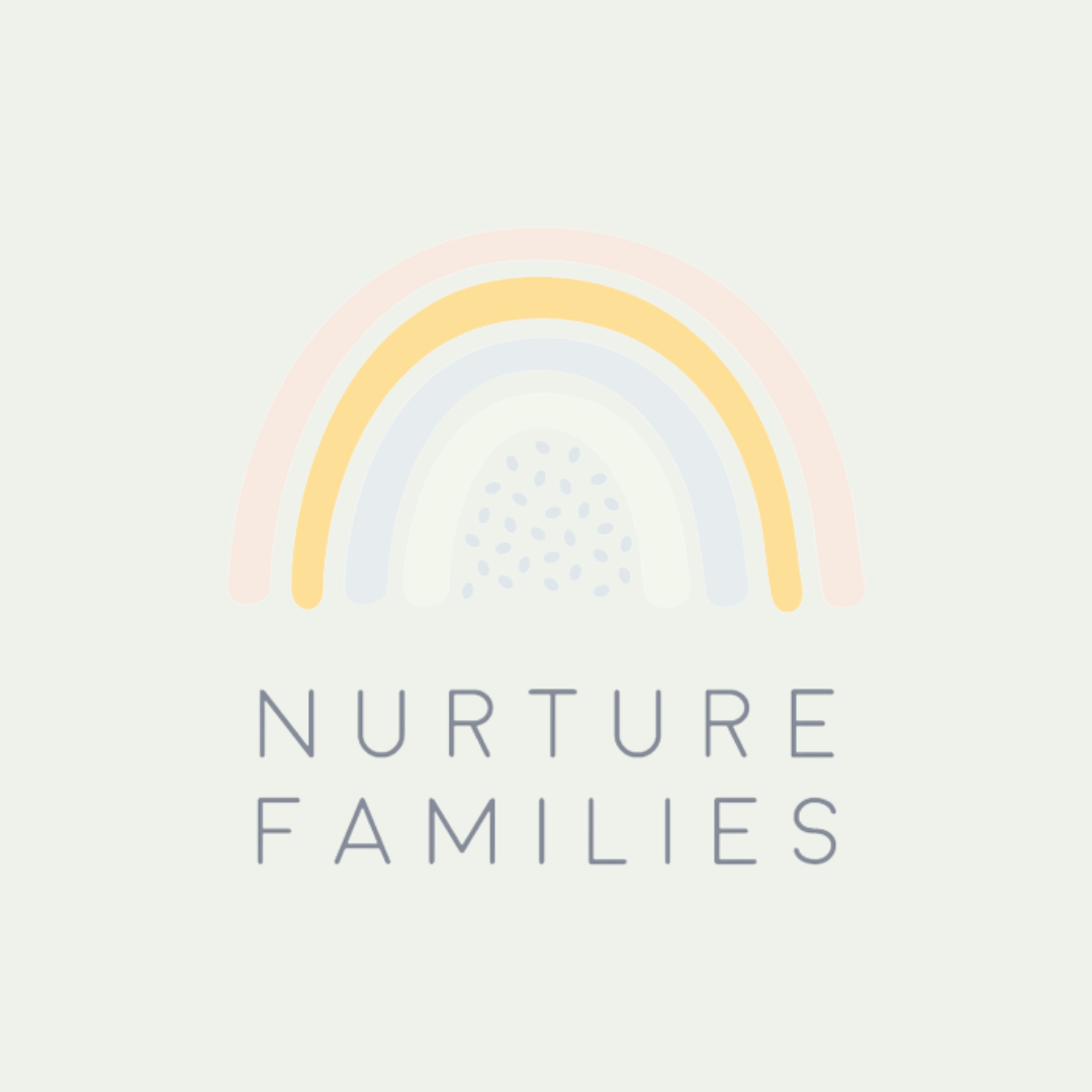 A pastel rainbow with soft yellow, pink, blue, and cream colors above the words 'NURTURE FAMILIES' on a light background.