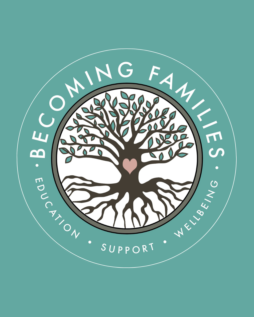 Logo for Becoming Families featuring a tree with roots and a heart at the center, surrounded by words 'Becoming Families' and phrases 'Education', 'Support', 'Wellbeing'.