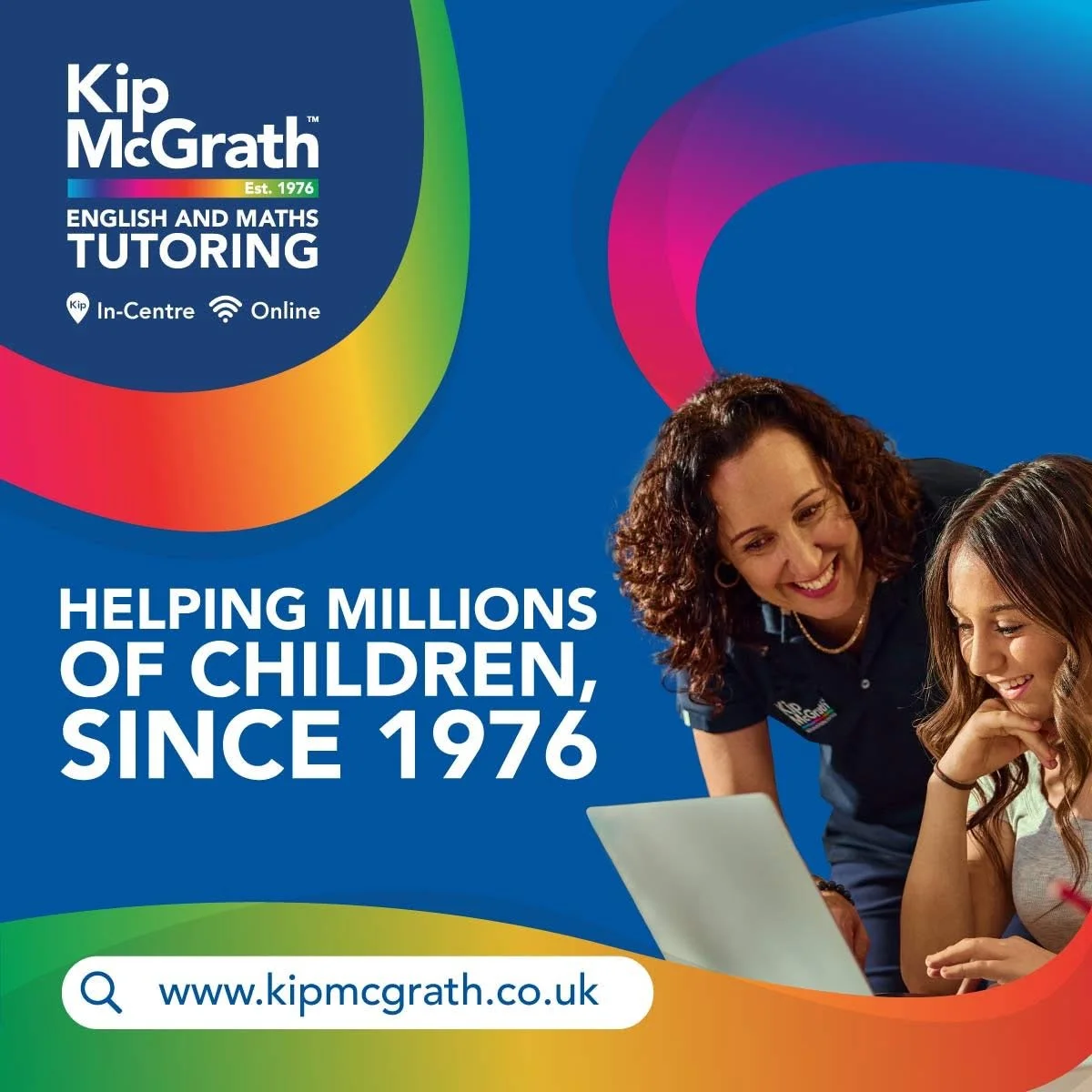 Kip McGrath logo with a colorful circular design, a woman and a girl smiling while looking at a laptop, text highlighting helping millions of children since 1976, and a website URL.