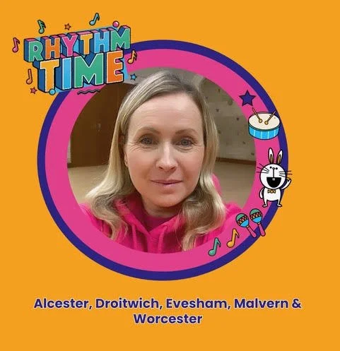 A woman taking a selfie with a digital frame that says "Rhythm Time," surrounded by colorful musical notes, a drum, and a cartoon rabbit with a microphone, with the names of locations: Alcester, Droitwich, Evesham, Malvern, and Worcester.
