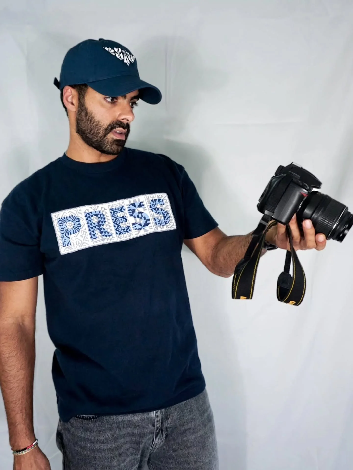 Shamouti's first design. This PRESS design is infused with patterns from the Gaza strip as a tribute to the brave Palestinian journalists. This limited edition design now available for pre-order on website (link in bio). Profits geared towards suppor