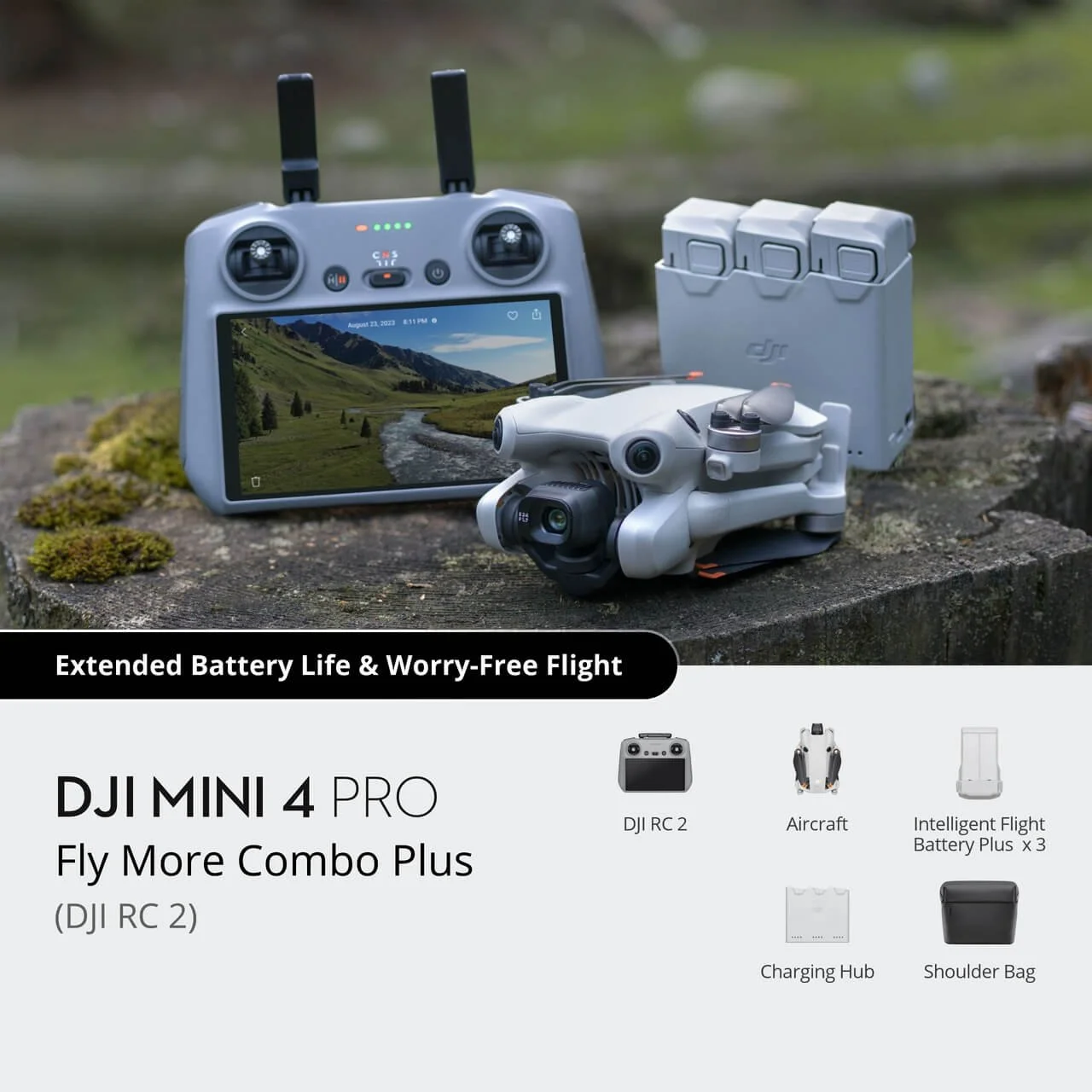 DJI Mini 4 Pro Fly More Combo with drone, controller, batteries, charging hub, and shoulder bag arranged outdoors.