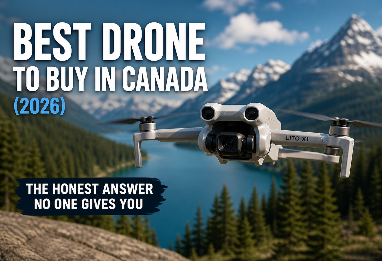 DJI Lito X1 flying over a mountain lake in Canada representing a top micro drone choice for 2026