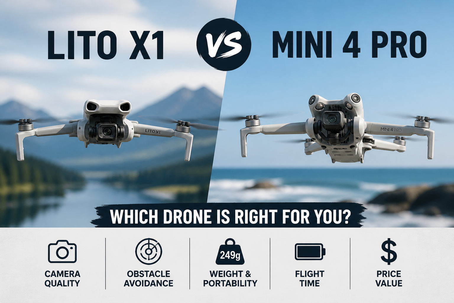 DJI Lito X1 and DJI Mini 4 Pro drones shown side by side in a comparison image highlighting design differences and features