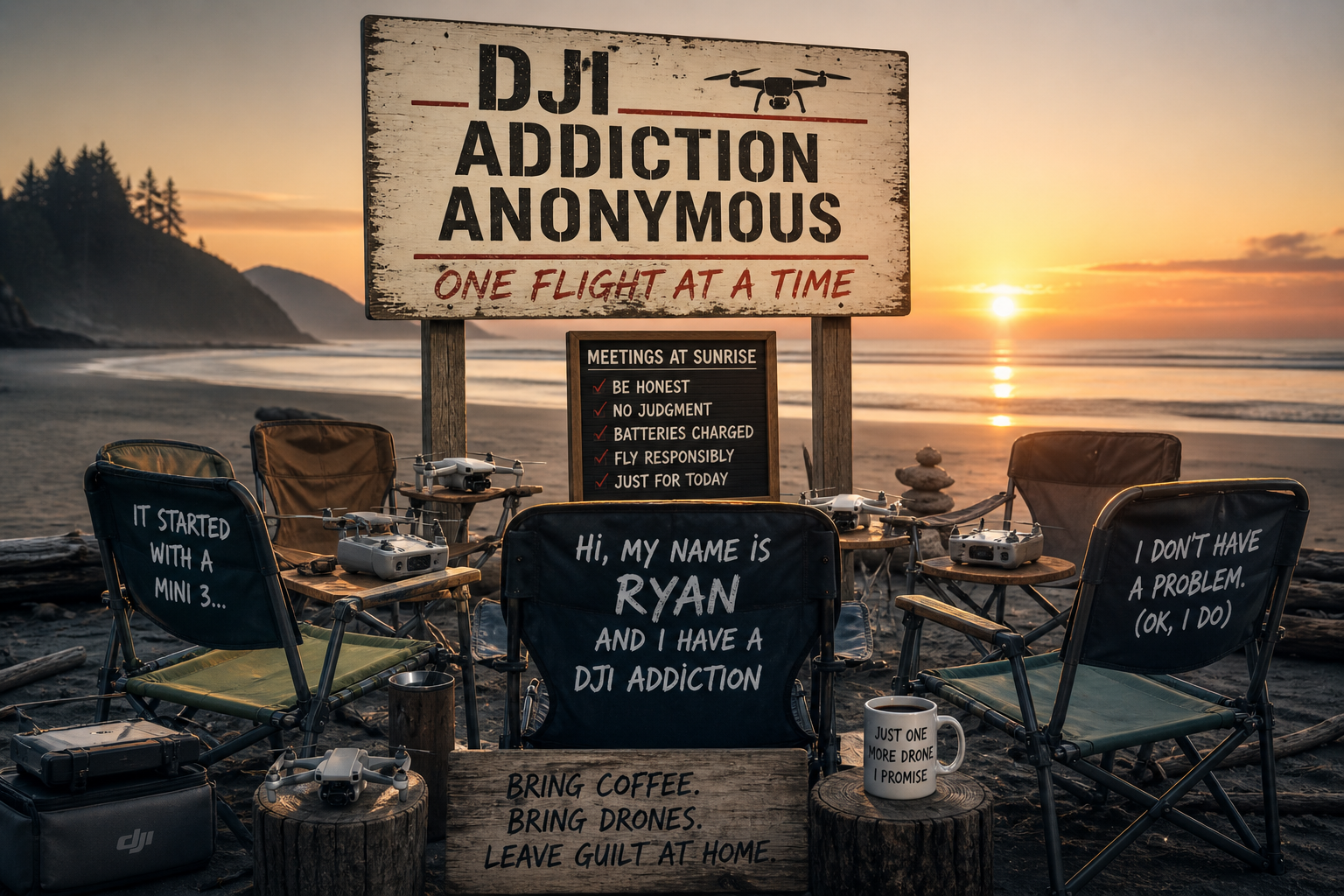 DJI Addiction Anonymous meeting at sunrise on a beach with folding chairs, drones, controllers, and signs about flying responsibly and charging batteries