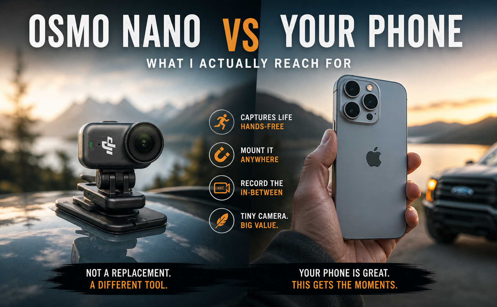 DJI Osmo Nano action camera mounted on a vehicle compared to smartphone camera for everyday filming use
