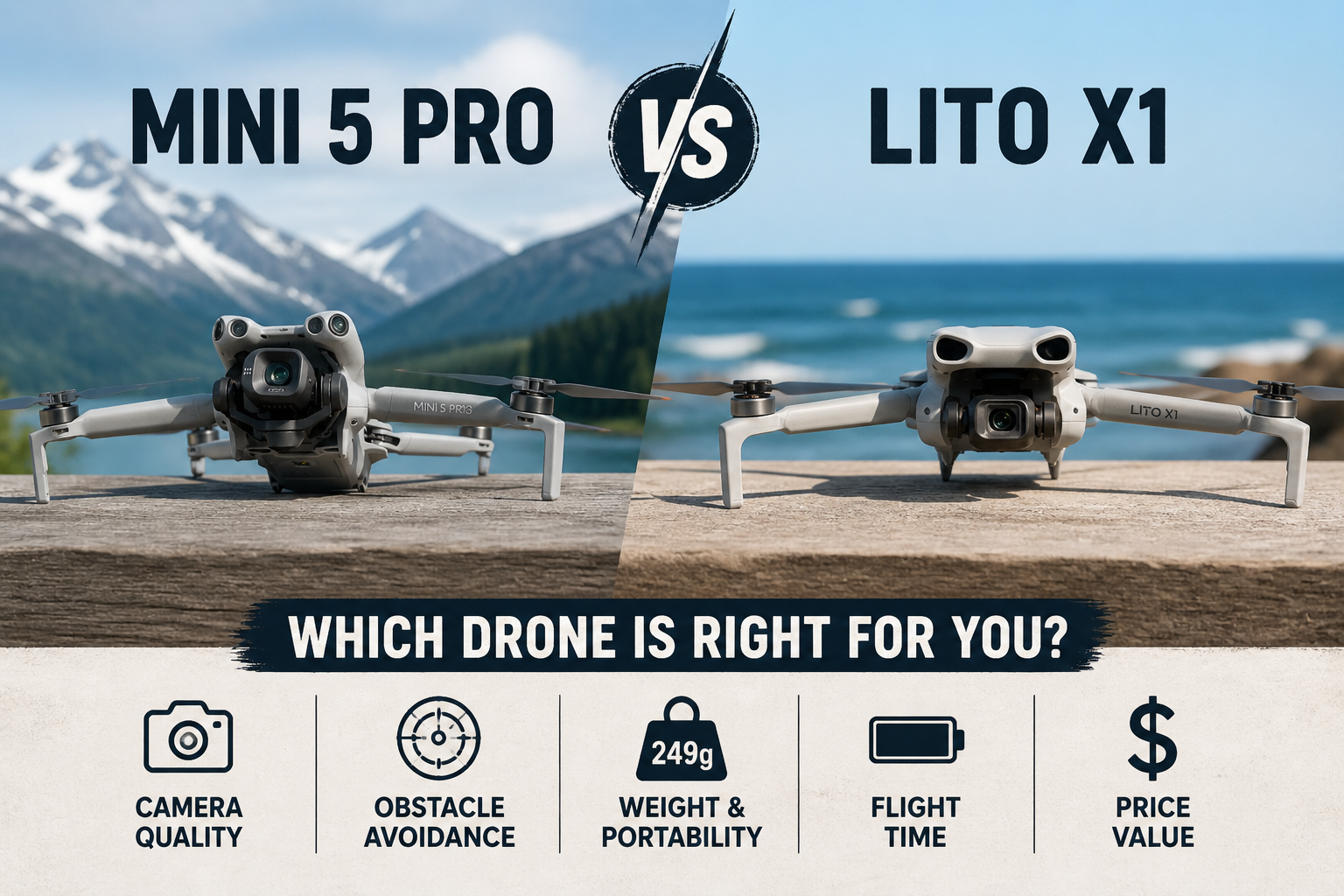 DJI Mini 5 Pro and DJI Lito X1 drones shown side by side in a comparison image highlighting design and features