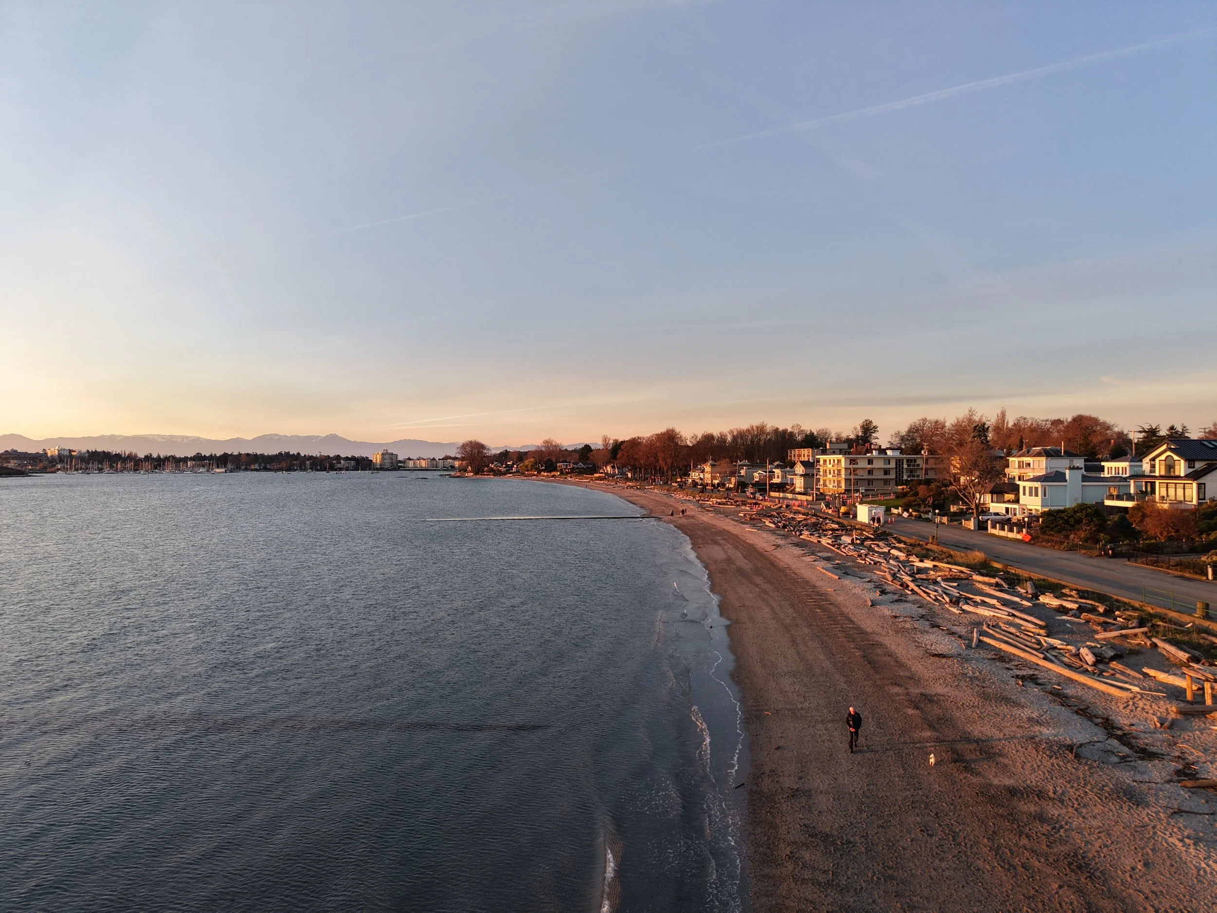 A calm December aerial look at Willows Beach, captured in soft winter light with clean, natural West Coast detail.