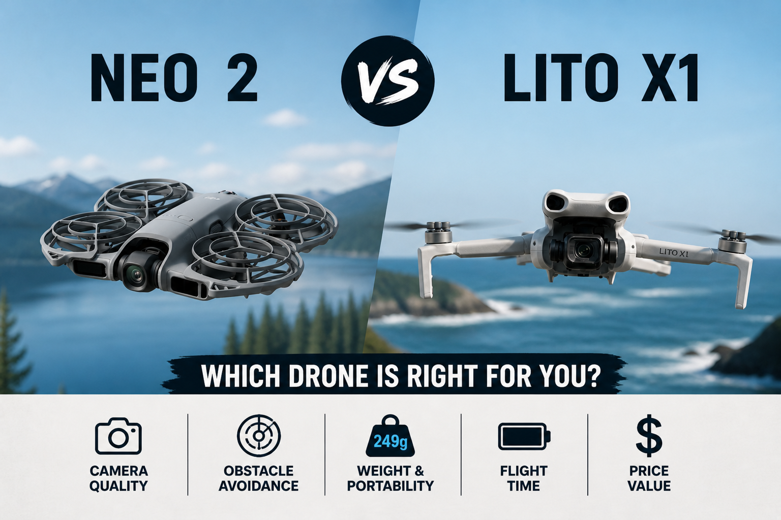 DJI Neo 2 vs DJI Lito X1 comparison showing design differences, portability, and feature comparison for Canadian drone buyers