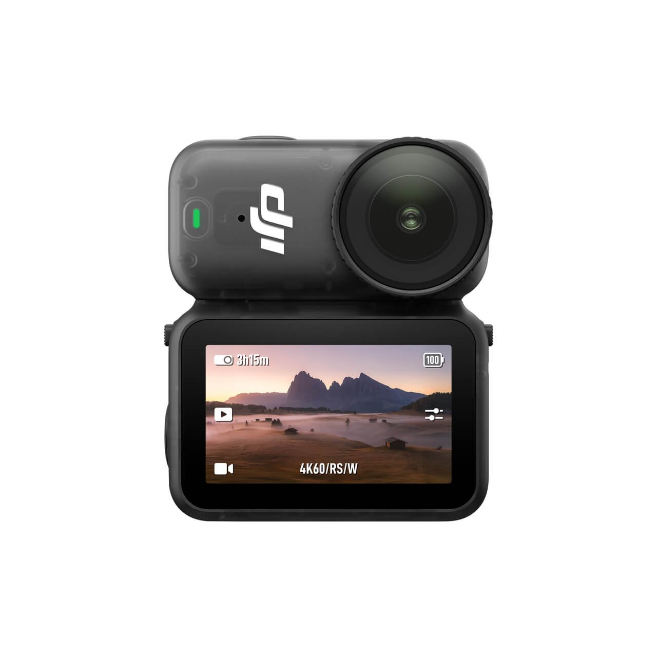 DJI Osmo Nano action camera with its display showing a mountain and waterfront sunset.