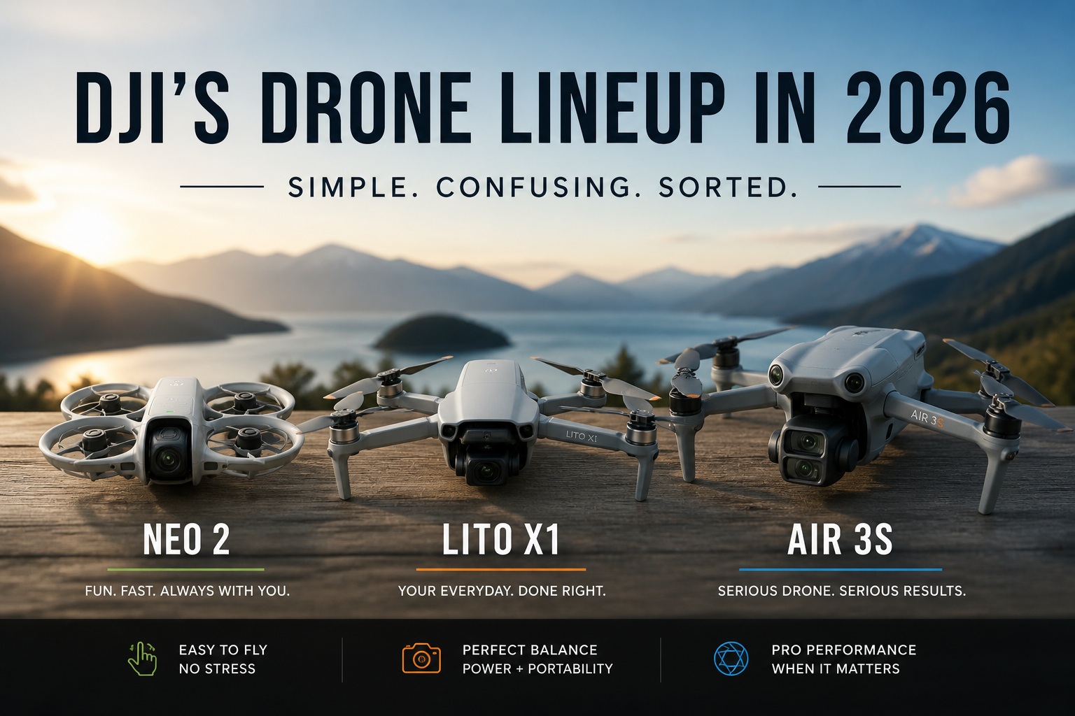 DJI drone lineup comparison showing Neo 2, Lito X1, and Air 3S representing different use cases in 2026