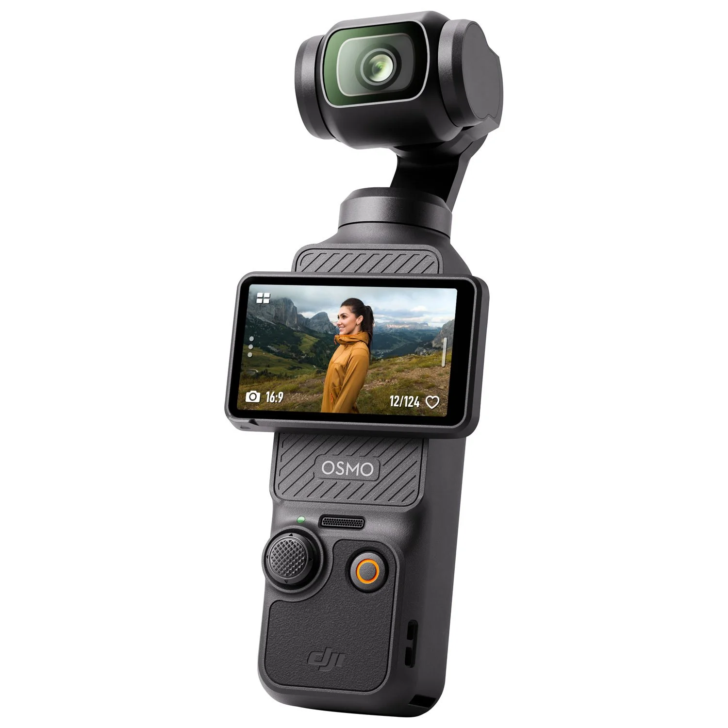 DJI Osmo Pocket 3 handheld gimbal camera displaying a woman in a yellow jacket against a mountain landscape.