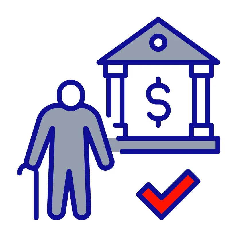 Icon of an elderly person with a cane standing in front of a government building with a dollar sign, and a checkmark indicating approval or eligibility.