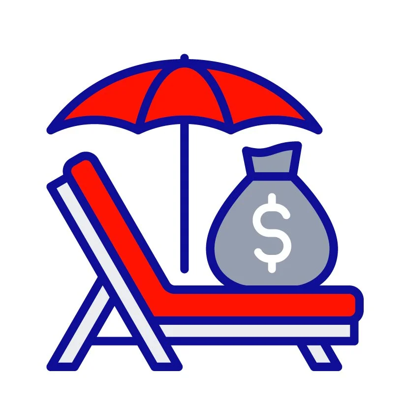 Illustration of a beach chair, a parasol, and a bag with a dollar sign, representing vacation or leisure time involving money.