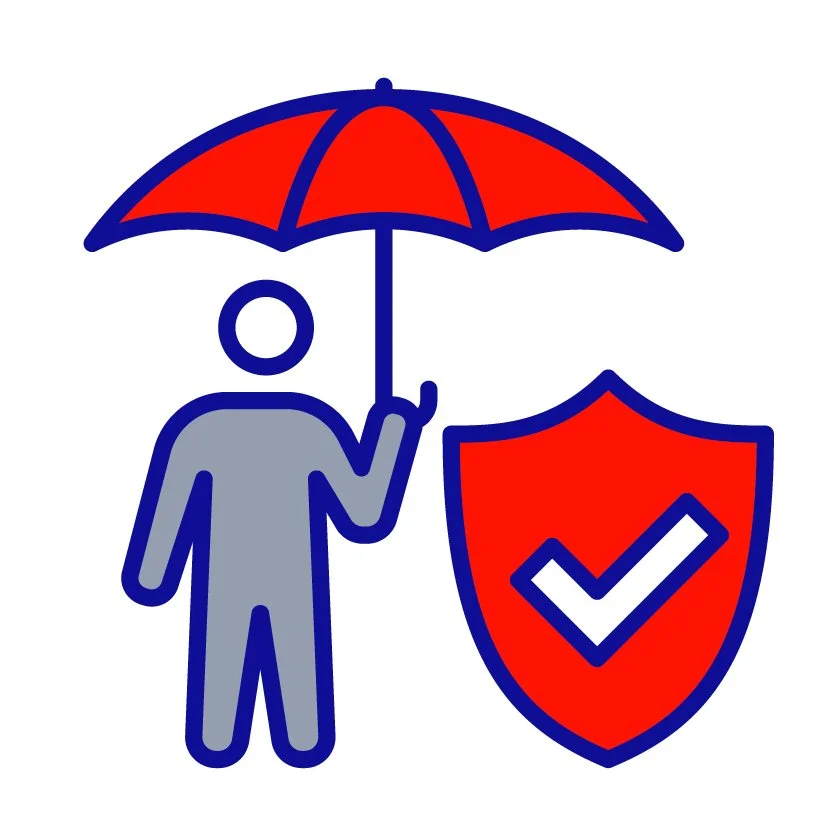 A person holding a red umbrella standing next to a shield with a check mark, symbolizing protection or security.