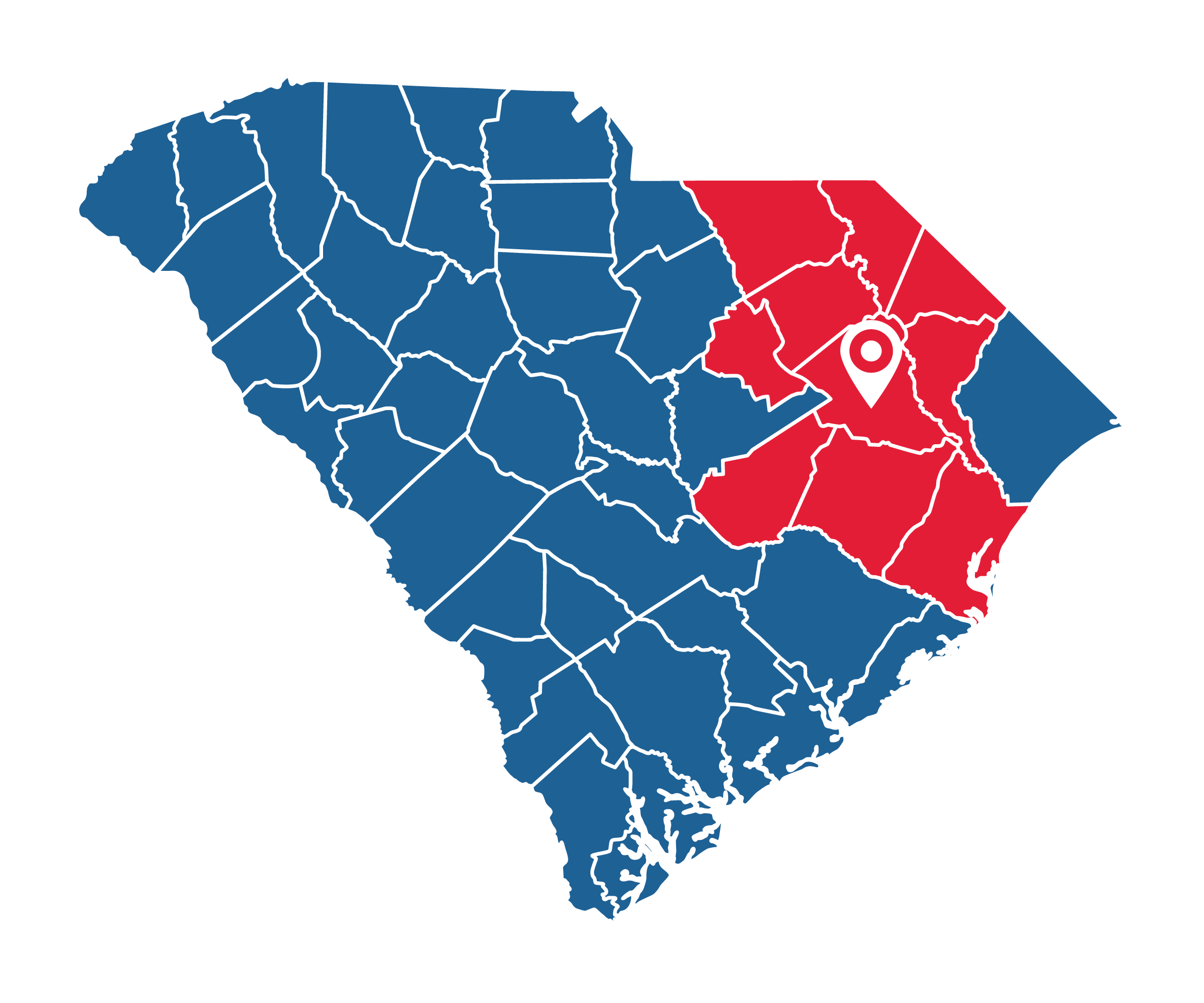 Map of South Carolina with certain counties highlighted in red and a location marker over the Midlands region.