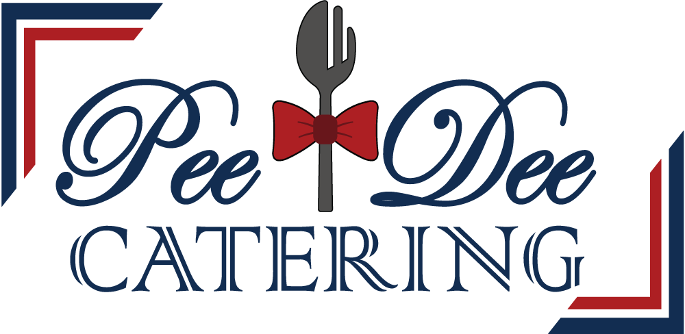 Logo for Pee Dee Catering featuring a fork with a red bow tie and decorative corner accents.