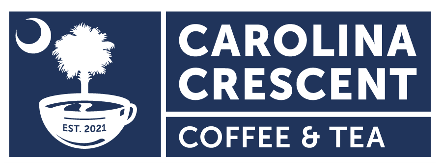 Logo for Carolina Crescent Coffee & Tea featuring a crescent moon, a palm tree growing from a coffee cup, and the text 'Est. 2021'.