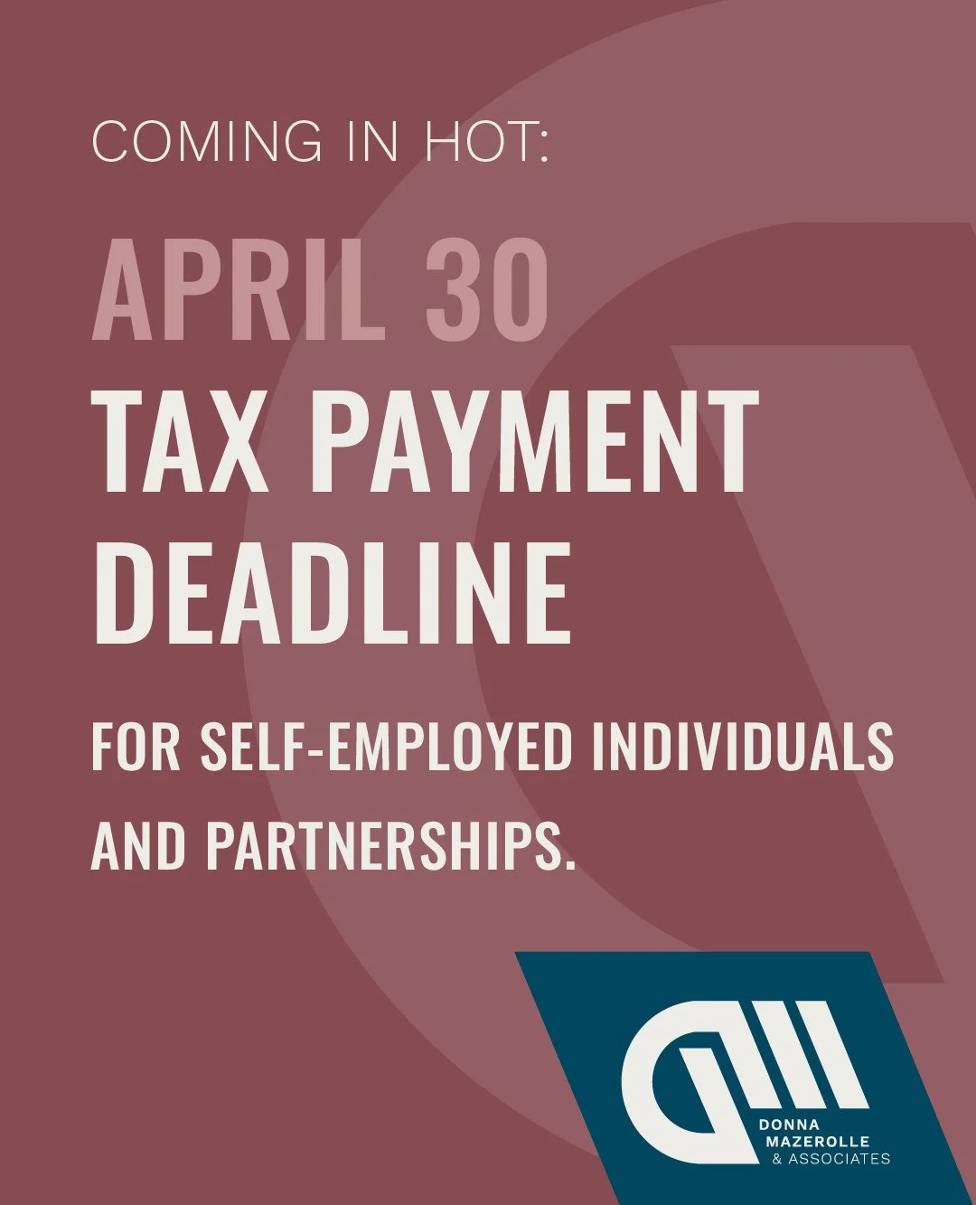 Coming in hot 🔥 April 30 is the tax payment deadline for self-employed individuals and partnerships.

Payment is due April 30, but the filing isn't due until June 15.

If you think you know what you owe&hellip;it&rsquo;s probably time to get in ther