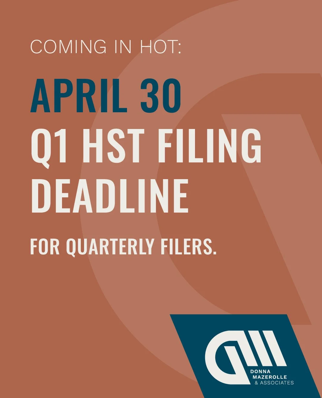 Coming in hot 🔥 April 30

April 30 is the Q1 HST filing deadline for quarterly filers.
If you&rsquo;re thinking: &ldquo;I should probably look at that&hellip;&rdquo; 
Yes. Now is the time 😅

Clarity beats scrambling.

👉 Questions? Give us a call.
