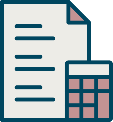Icon of a document with lines of text and a folded corner, alongside a calculator.