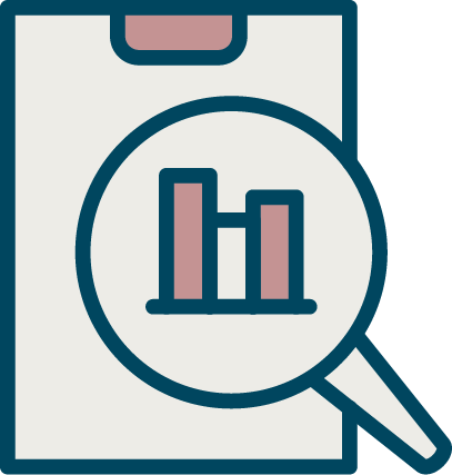 Icon of a clipboard with a magnifying glass showing a bar graph.
