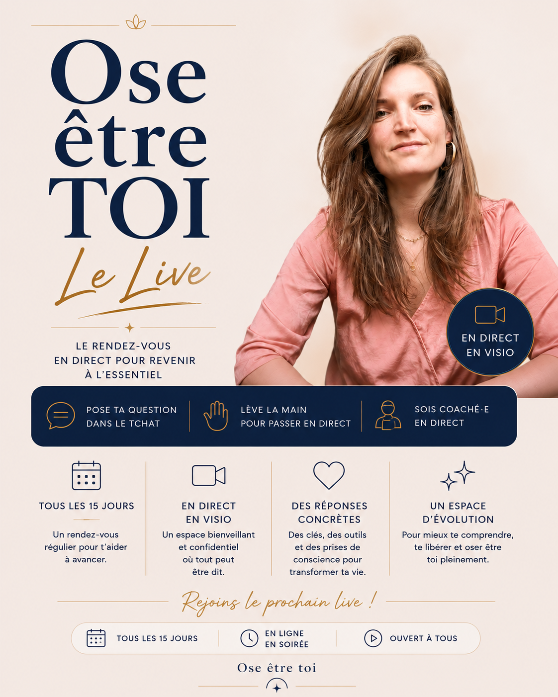 Affiche avec Amanda Tichit, psychologue et psychothérapeute à Gouvieux, Chantilly, qui anime un live de coaching en direct "Ose être toi - Le Live"