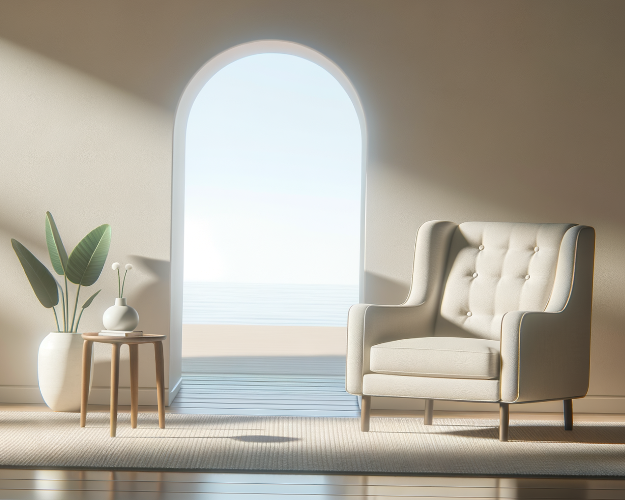Grand fauteuil beige, une petite table en bois avec une vase blanche contenant des fleurs, une grande plante verte et une porte en arche donnant sur une vue panoramique, représentant le cabinet de Amanda Tichit, psychologue et psychothérapeute
