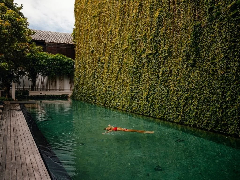Swimmer floating in the emerald lap pool alongside the towering vertical green living wall at 137 Pillars House in Chiang Mai, Thailand.