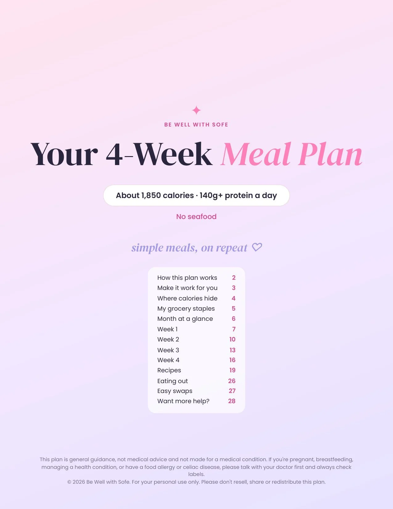 Your 4-Week Meal Plan · 1,850 cal · No Seafood