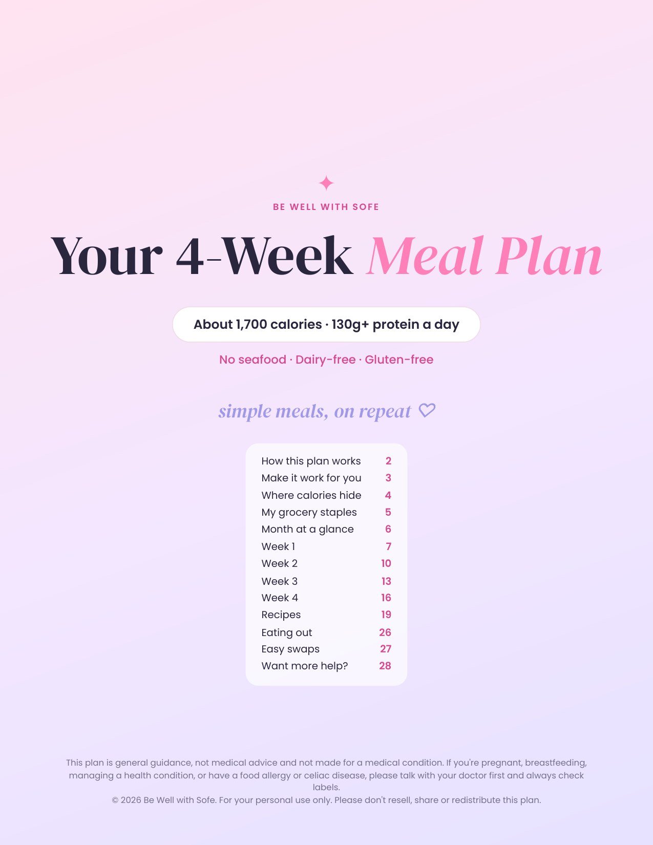 Your 4-Week Meal Plan · 1,700 cal · No Seafood, Dairy-Free, Gluten-Free