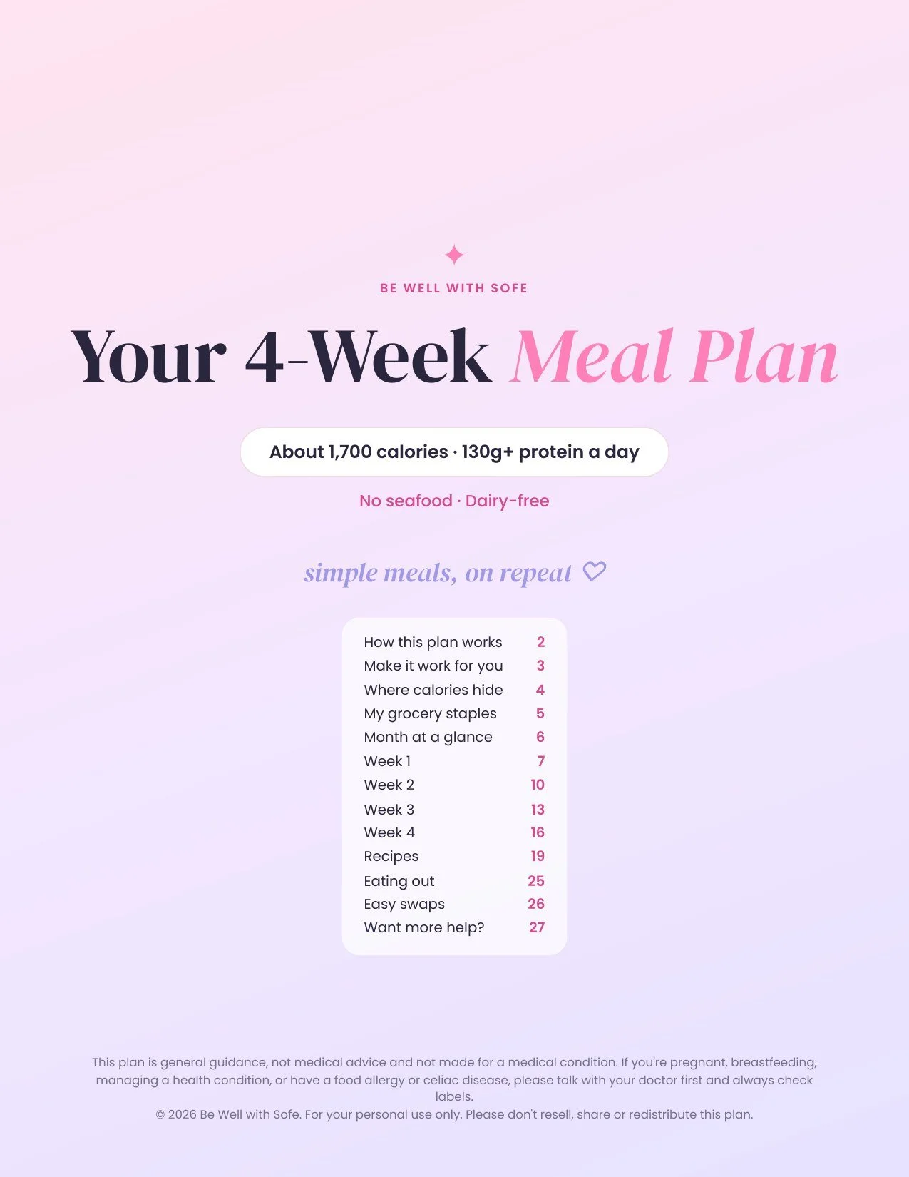 Your 4-Week Meal Plan · 1,700 cal · No Seafood, Dairy-Free