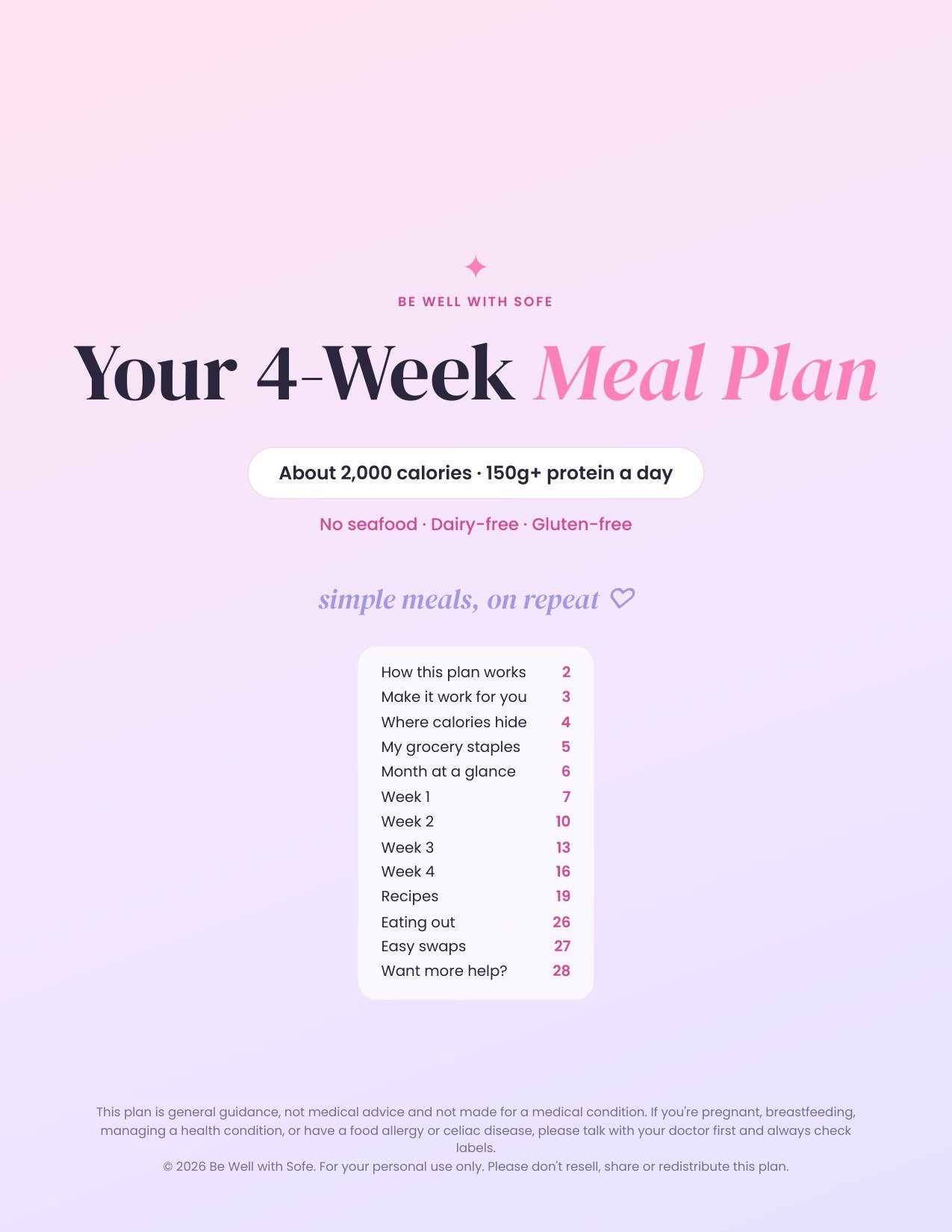 Your 4-Week Meal Plan · 2,000 cal · No Seafood, Dairy-Free, Gluten-Free