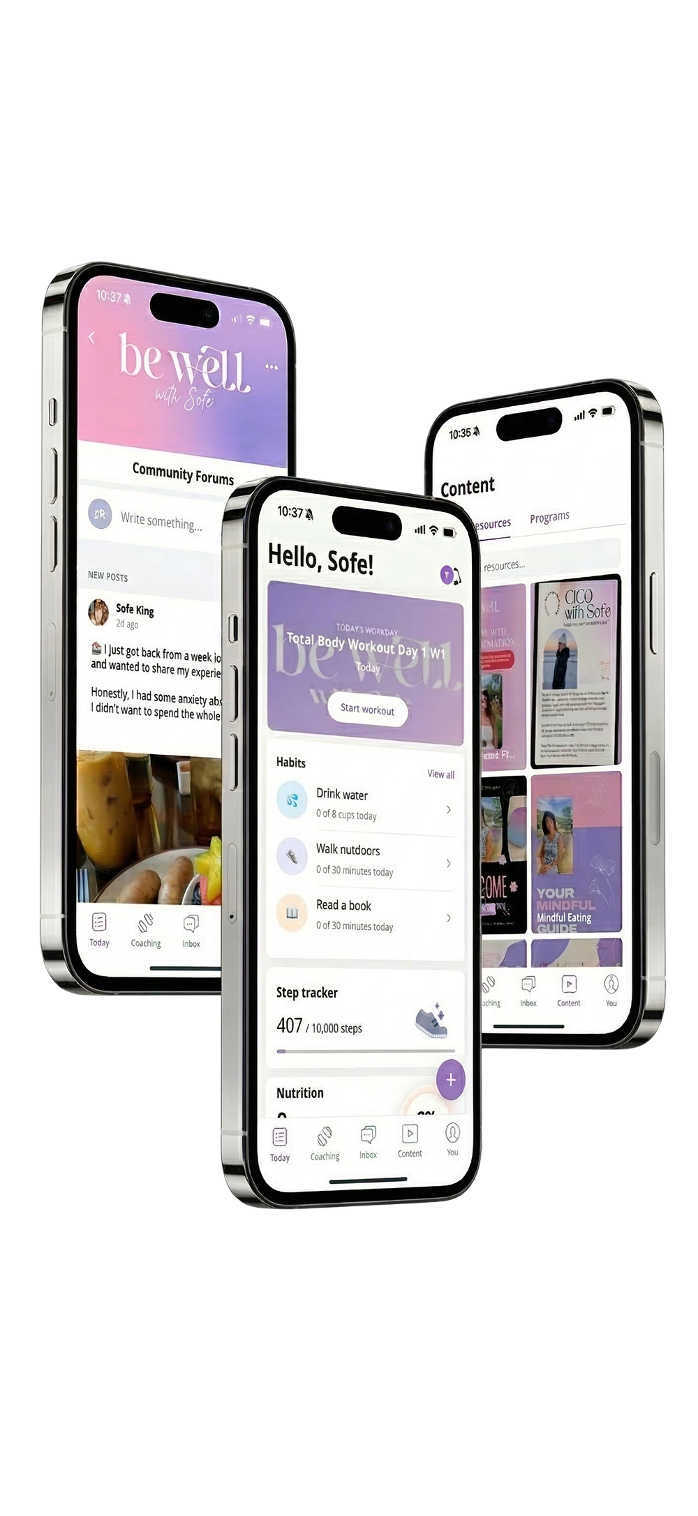 The Be Well app — community, dashboard, and content screens