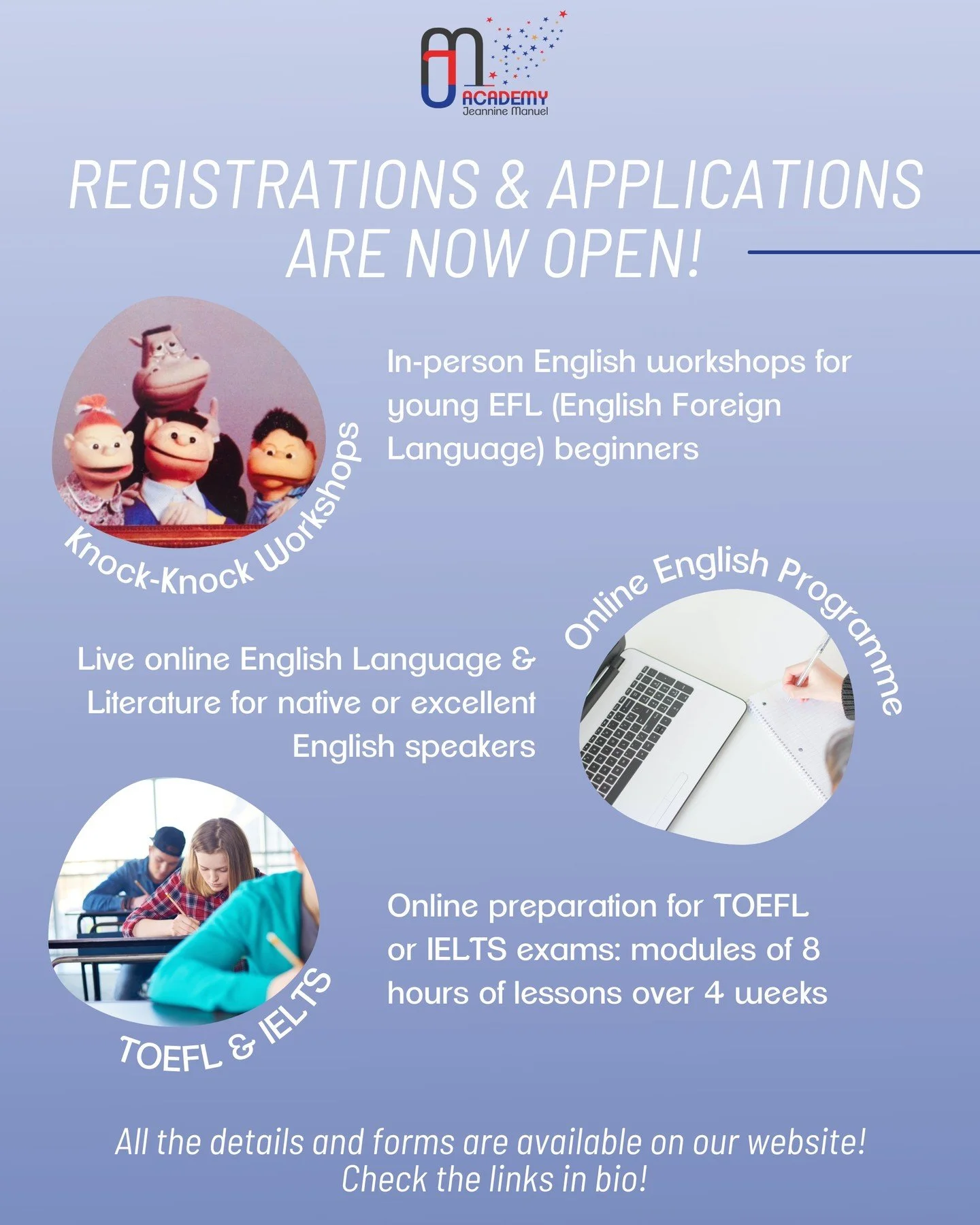 Registrations &amp; Applications are now open!

Take a look at our previous posts to find out more about our programmes!

All the details and application/registration forms are available on our website (links in bio) 🌟