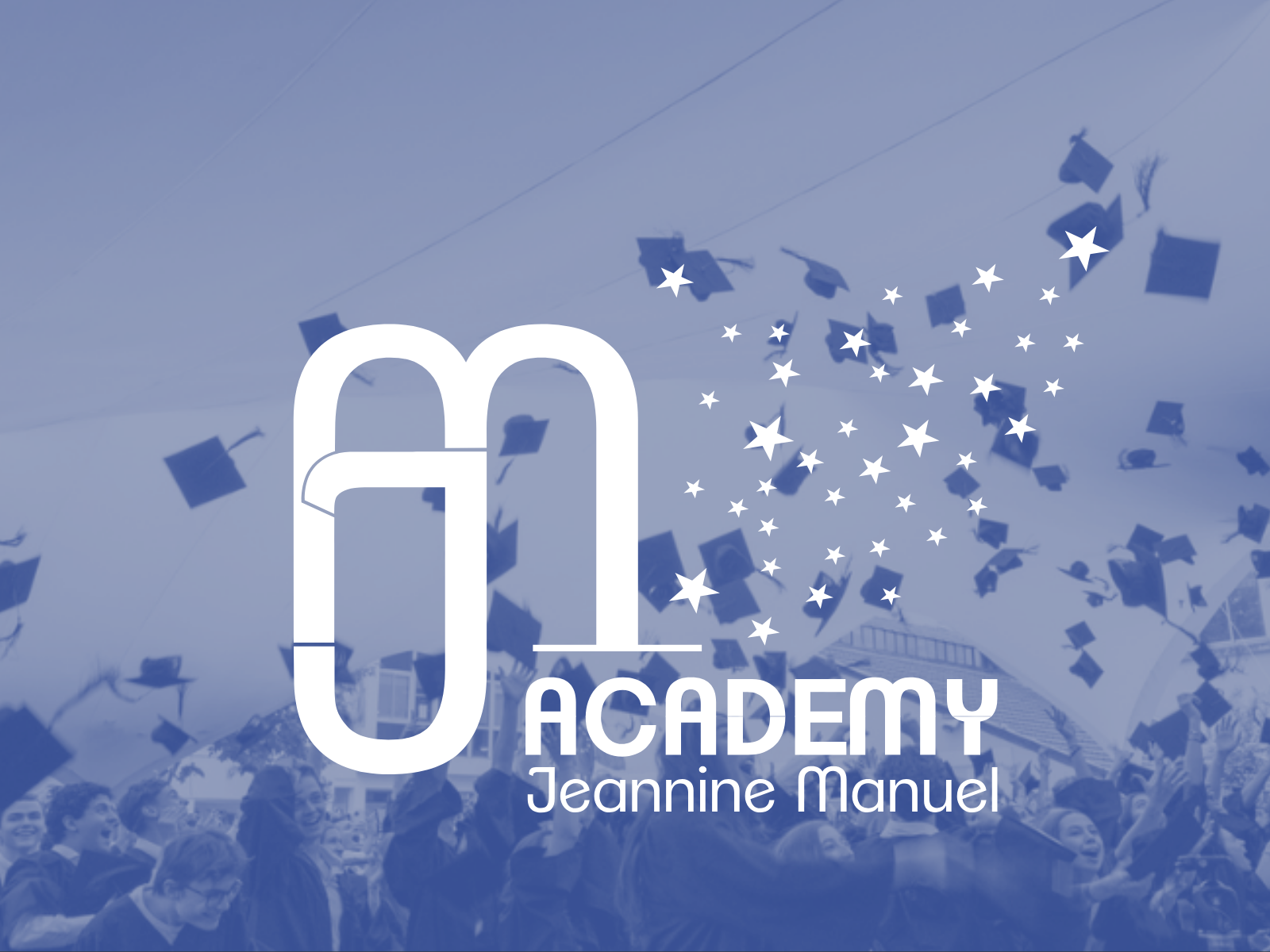 Graduates in caps and gowns celebrating graduation with caps flying in the air, overlaid with a logo and the text 'Jeannine Manuel Academy'.