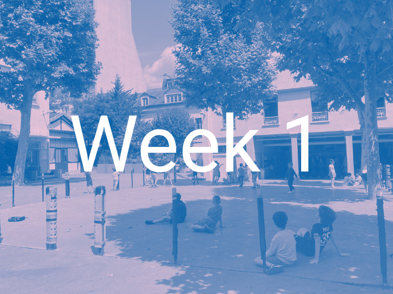Children and adults in a town square with trees and buildings, some sitting and some walking, overlaid with 'Week 1' text.