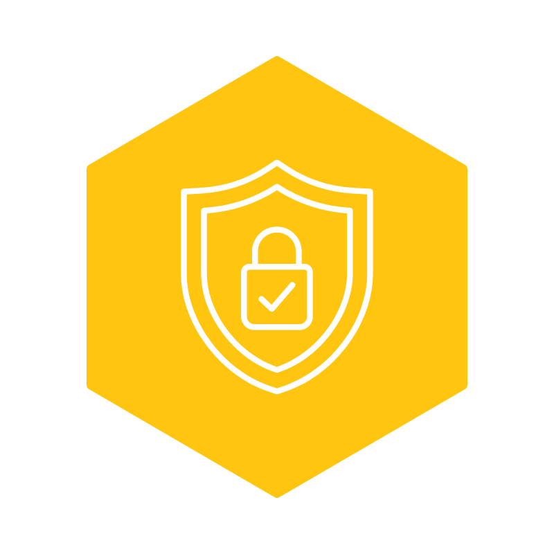 Yellow hexagonal badge with a white shield icon containing a lock with a checkmark inside.