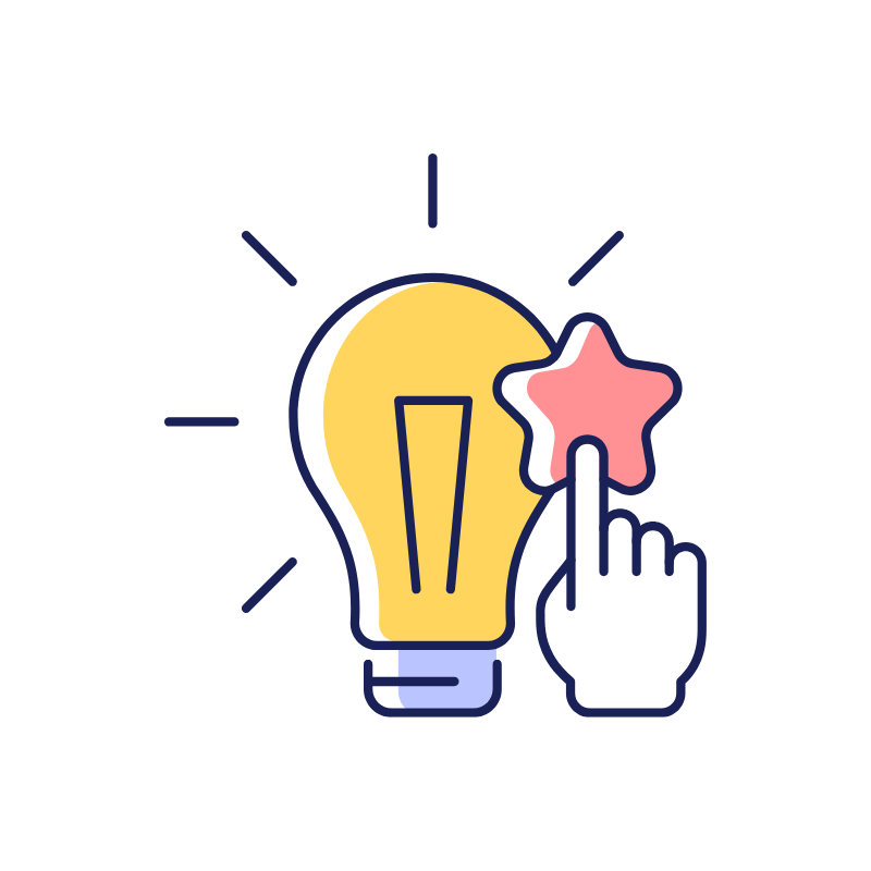 Illustration of a light bulb with a hand pointing to a pink star, symbolizing an idea or inspiration.