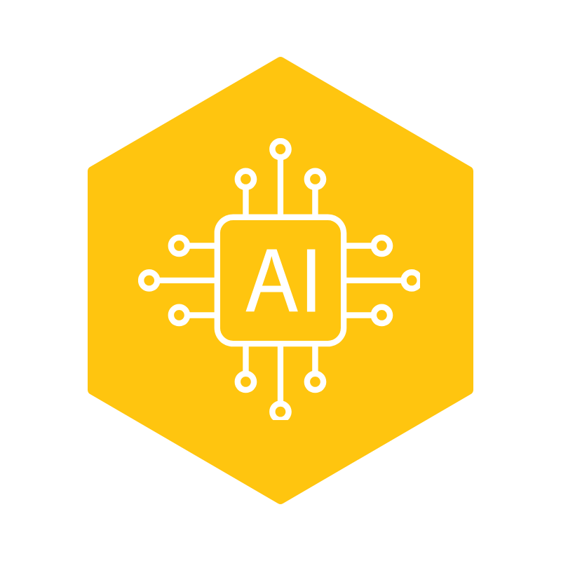 Yellow hexagon with white AI chip icon and circuitry design, representing artificial intelligence.