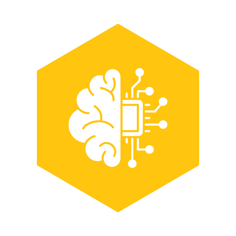 A yellow hexagon with a white graphic of a brain on the left and a circuit board on the right, symbolizing artificial intelligence or machine learning.
