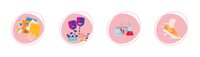 Sequence of icons depicting medication and health-related items, including a pill bottle, a stethoscope, laboratory equipment, and a sneaker.