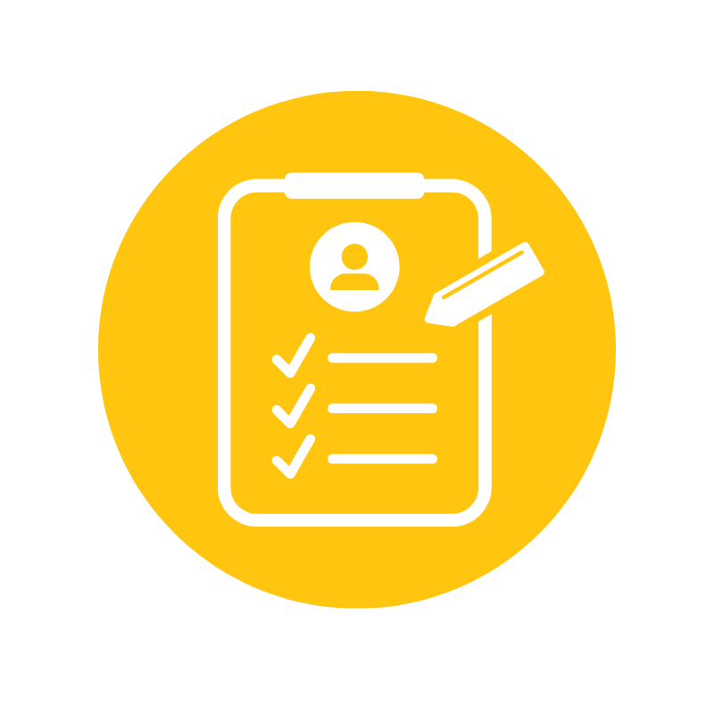 Icon of a resume or profile with checkmarks and a pen in a yellow circle