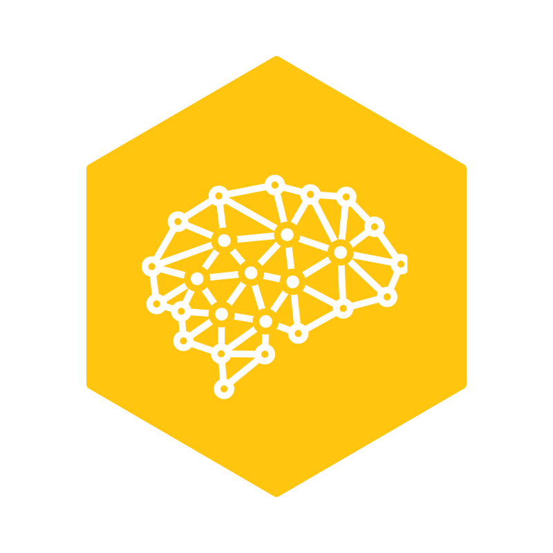 White interconnected nodes forming a brain shape, inside a yellow hexagon with a black background.