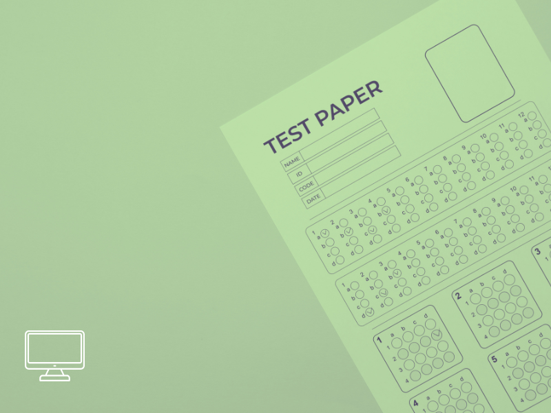 A standardized multiple-choice answer sheet labeled 'TEST PAPER' with sections for name, ID, code, and date, containing rows of circles for marking answers.