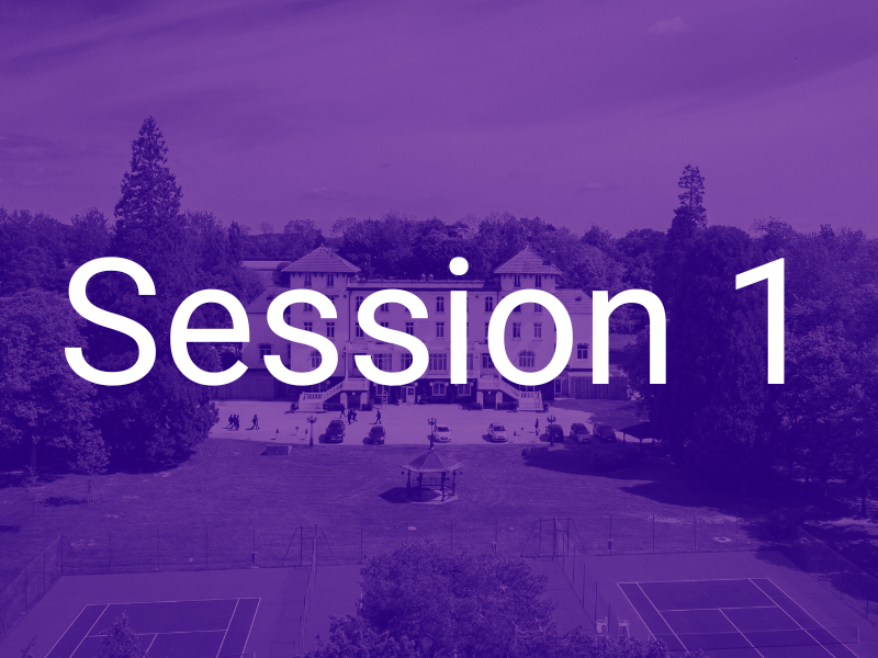 A large building with multiple stories and a symmetrical facade nestled among trees. There are tennis courts and a parking lot in the foreground, suggesting a school or resort setting. The image is overlaid with the text 'Session 1' in large, white letters.