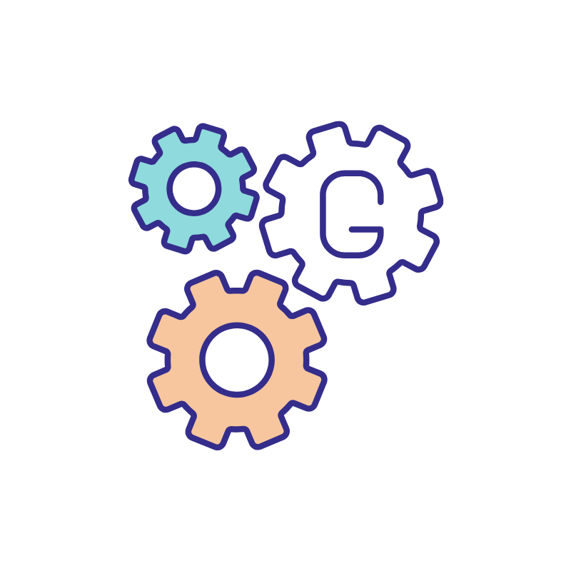 Three interconnected gears, one with the letter 'G' inside, representing learning grammar.