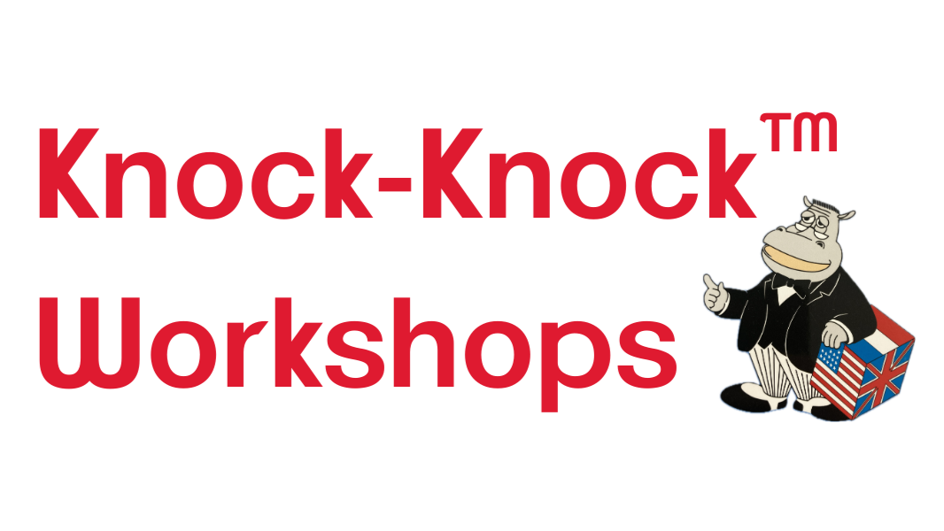 Text reading "Knock Knock Workshops" with a cartoon hippo in a tuxedo giving a thumbs-up, standing next to a box decorated with American and British flags.